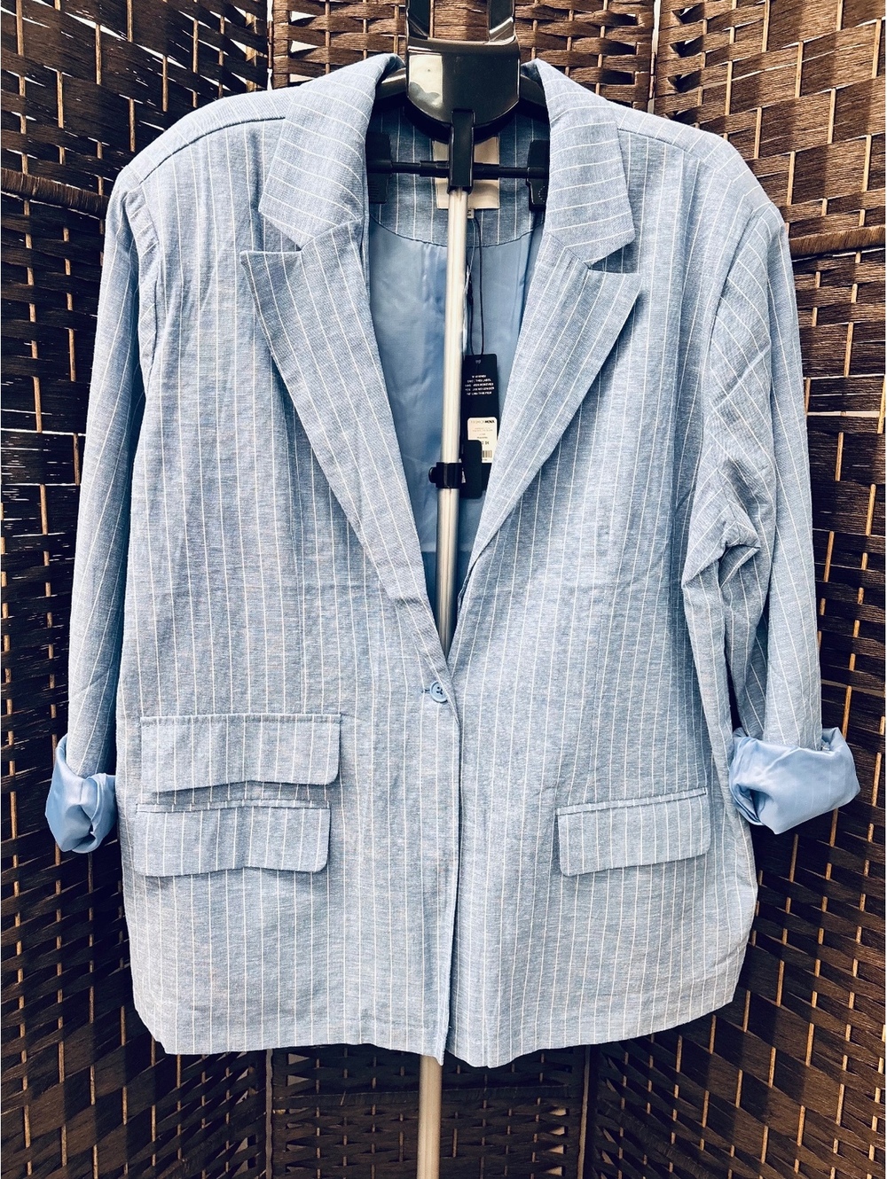 Light Blue Pinstripe Blazer with Rolled Sleeves - Size 3X